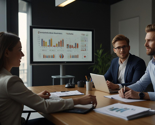 Equipe em reunião analisando dados